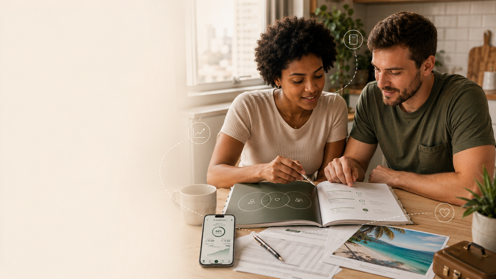 Casal preenchendo o workbook com o aplicativo ao lado