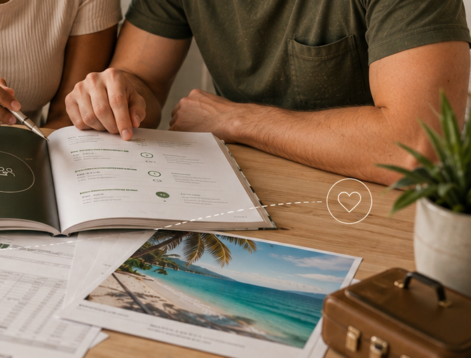Foto de uma viagem sobre a mesa, ao lado do workbook