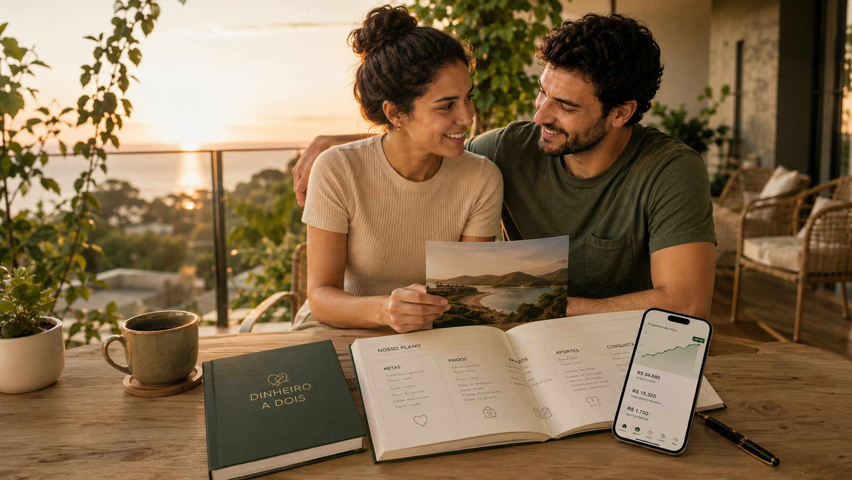 Casal ao pôr do sol com o plano em mãos