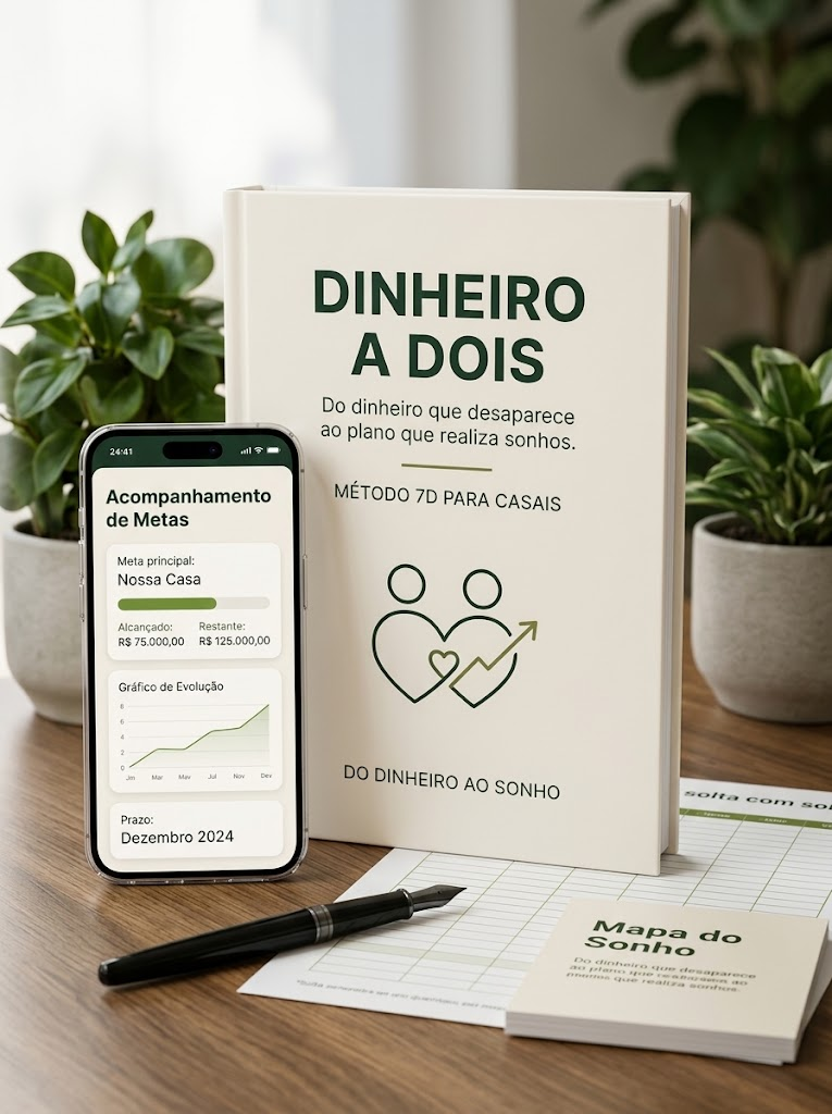 Ebook Dinheiro a Dois sobre a mesa, com o aplicativo mostrando o acompanhamento da meta e o Mapa do Sonho